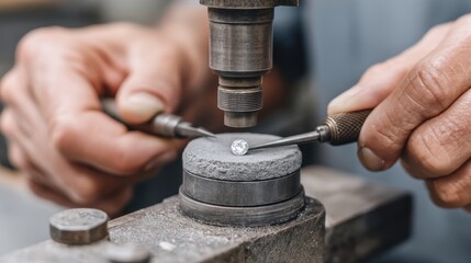 Craftsmanship of a Jeweler Inspecting a Brilliant Cut Diamond with Precision Tools on a Workbench for Jewelry Design and Creation
