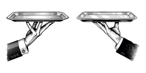 Vintage waiter serving tray illustration , hand drawn hospitality and restaurant service vector design