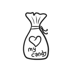 Kawaii Candy Bag with Heart and My Candy Lettering Hand Drawn Vector Illustration