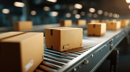 Cardboard boxes moving on conveyor belt in warehouse distribution center. Logistics, shipping, packaging, delivery, supply chain, and transportation process.