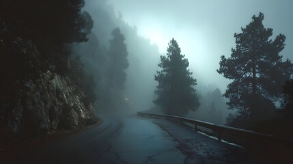 A winding road through thick fog with fir trees
