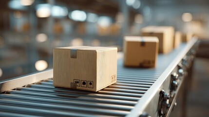 Cardboard boxes moving on conveyor belt in warehouse distribution center. Logistics, shipping, packaging, delivery, supply chain, and transportation process.