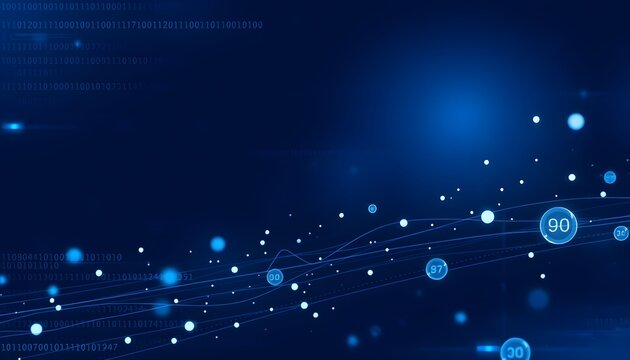 Abstract digital background with glowing particles and connected lines, representing data flow.