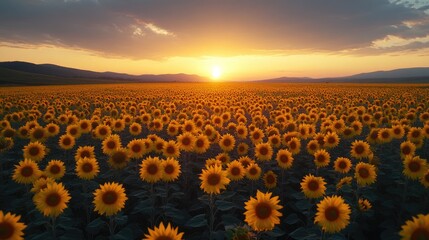 Obraz premium Stunning sunset over a vast field of sunflowers.