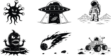 Science fiction illustration set, alien, UFO, astronaut, meteor, space rover, galaxy, extraterrestrial life, cosmic adventure, black and white design