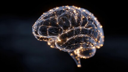 Glowing human brain with neural network connections, abstract visualization of artificial intelligence, deep learning, cognitive science, innovation and futuristic technology concept.