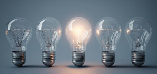 The collection of light bulbs with one glowing brightly in the center.