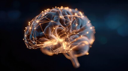 Glowing human brain with neural network connections, abstract visualization of artificial intelligence, deep learning, cognitive science, innovation and futuristic technology concept.