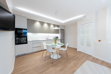 Modern Home Minimalist Kitchen with Dining Table and Wooden Flooring