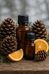 Amber oil bottles with orange slices, pine cones, and evergreen—natural winter aromatherapy scene on rustic wood.
