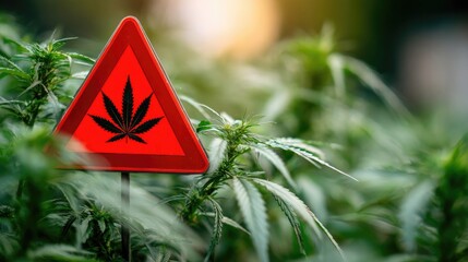 Warning sign with cannabis leaf symbol in greenhouse with marijuana plants, concept of regulation, agriculture, drug control, safety and cultivation.