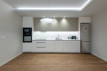 Modern Home Kitchen Interior Design with Sink, Fridge and Furniture