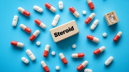 "Steroid" label on wooden cubes over pills on blue backdrop. Top view for medical-themed concept. 