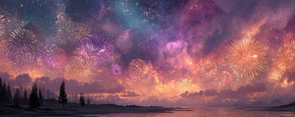 Fireworks illuminating the night sky above a serene forested landscape