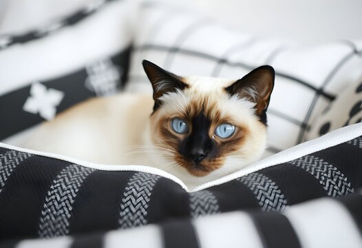 Chat siamois couch&eacute; dans son panier. Generated Image.