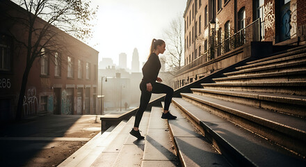 Urban Athlete Woman Conquering City Stairs in Morning Light