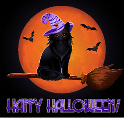 Happy Halloween vip card, black cat flies on a broom, vector illustration