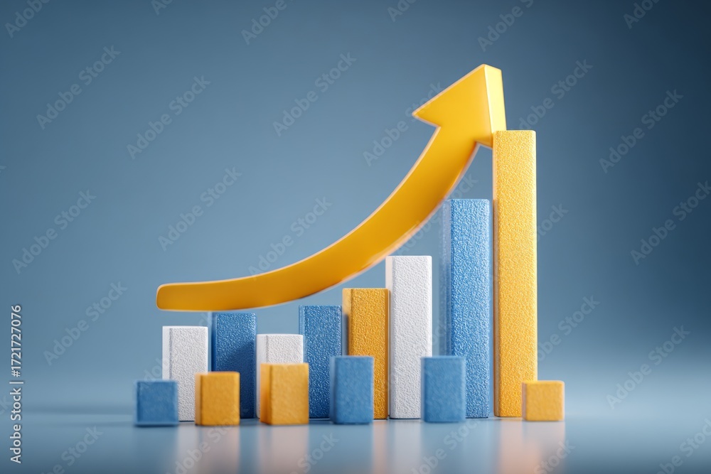 Poster bar chart displaying an upward arrow, representing increasing statistics and economic success