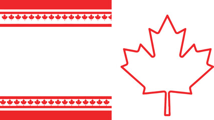 Clean graphic design featuring a red outline of a maple leaf beside decorative red borders on white.