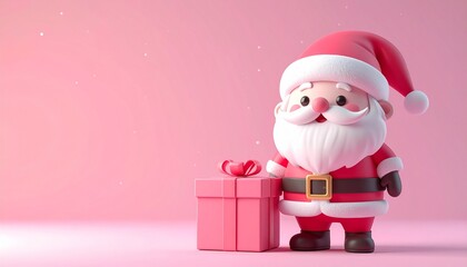 Charming 3D render of kawaii Santa standing proudly next to a giant Christmas gift box, pink pastel background, festive cute illustration