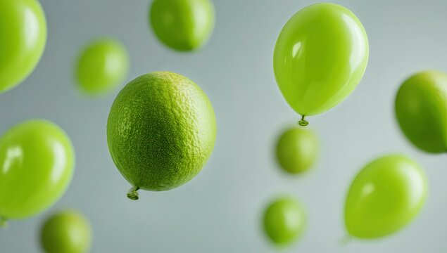 A lime-shaped object and several green balloons float against a muted grey backdrop, creating a surreal and playful composition
