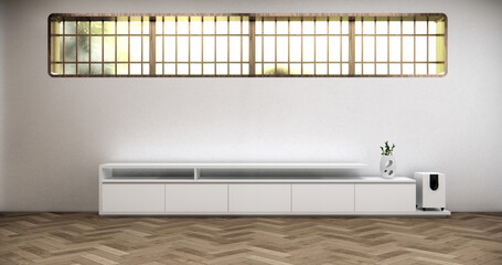 Horizontal window located near the ceiling in a white room with wooden floor. 3D rendering.