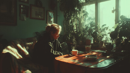 Peaceful Morning Reflection by the Window with Tea and Warm Light