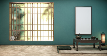 window with light shining through  and low table tea in mint color living room on wooden floor.3D rendering