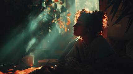 Peaceful Morning Reflection by the Window with Tea and Warm Light