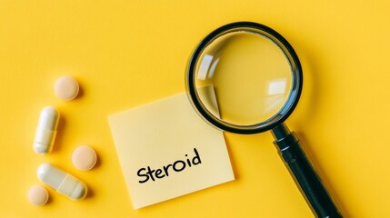 Sticky note with "Steroid" text and magnifying glass next to capsules on a yellow medical background. 
