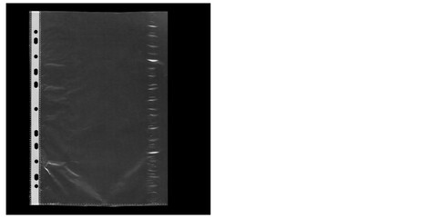A single clear plastic sheet protector with binder holes on a black and white background image view