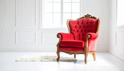 Elegant red armchair placed in a stylish room interior with bright natural light. Perfect for luxury home decor, furniture design, lifestyle, and classic interior concepts.