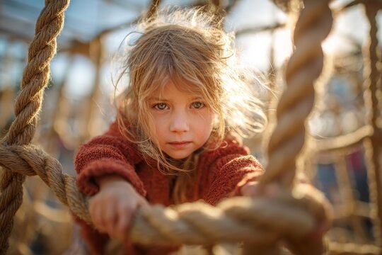 Child with tousled hair climbing a rope net structure at a playground in warm sunlight