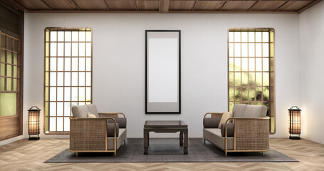 Two vertical windows on the left and right, in the middle is sofa furniture in the living room with white wall and wood floor.3D rendering