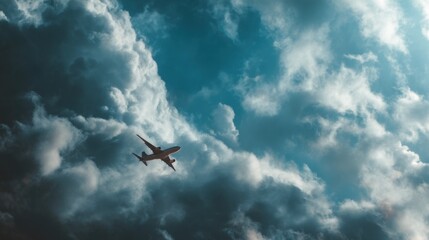 airplane soaring through cloudy skies