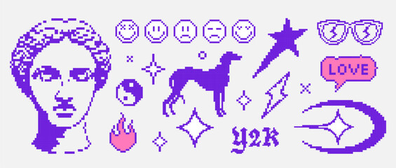 Pixel y2k retro icons set. Abstract vector elements in psychedelic acid style. Geometric sticker shapes in pixel art style. Digital brutalist techno glitch bitmap symbols collection. Isolated