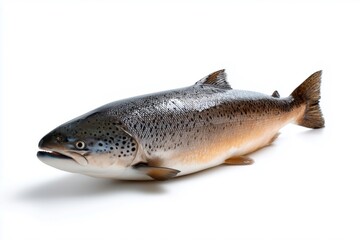 Naklejka premium Isolated studio image of an Atlantic salmon in full body profile, natural tones and realistic details suitable for seafood, biology, and culinary concept