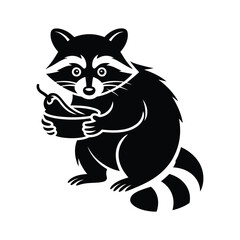 Obraz premium Black and White Raccoon Illustration Holding an Acorn with Striped Tail and Whiskers Vector Graphic Design