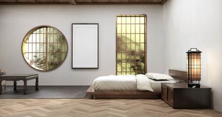 Bedroom with vertical windows on the headboard and minimalist bed in a white room with wooden floor.3D rendering