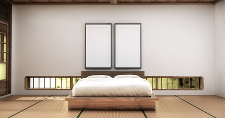 interior mock up with zen bed plant and decoartion in japanese bedroom. 3D rendering