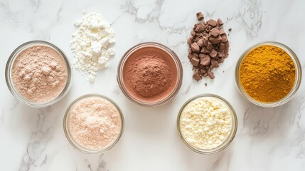 Whey, Casein, BCAA, and Creatine shown with oils on a white background. Ideal for bodybuilding and sports diets. 