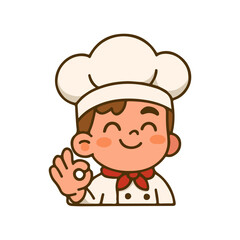 Cute chef cartoon character smiling with OK hand gesture. Happy cook illustration in uniform and hat. Adorable kawaii chef emoticon design.