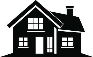 House silhouette with gable roof, chimney, windows, and door, black vector icon for architecture, home design, and real estate