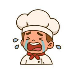 Crying chef cartoon character with tears and sad face. Cute cook illustration in uniform and hat. Kawaii chef emoticon showing sadness.