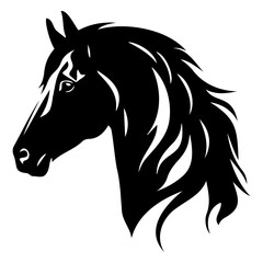 Black silhouette of a horse head with flowing mane and detailed facial features on a white background