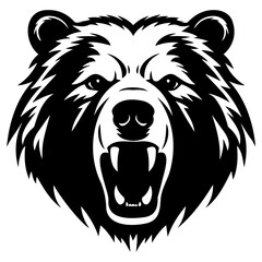 Fototapeta premium Illustration of a fierce bear head with an open mouth and visible teeth in a black and white design style