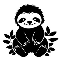 Illustration of a black and white sloth sitting surrounded by leaves on a white background design vector