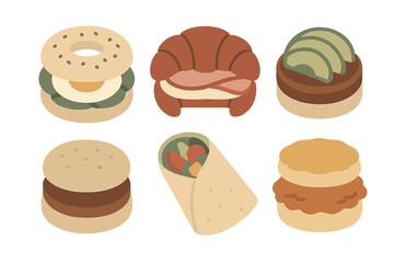 Flat design set of popular breakfast and lunch food items including bagel, croissant, burger, wrap, and biscuit sandwiches
