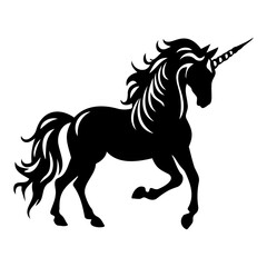 Silhouette of a black unicorn with flowing mane and tail standing on its hind legs with a single horn 100