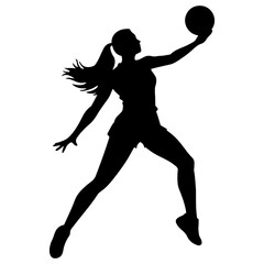 Silhouette of woman with ponytail jumping and holding a volleyball with one hand extended upwards